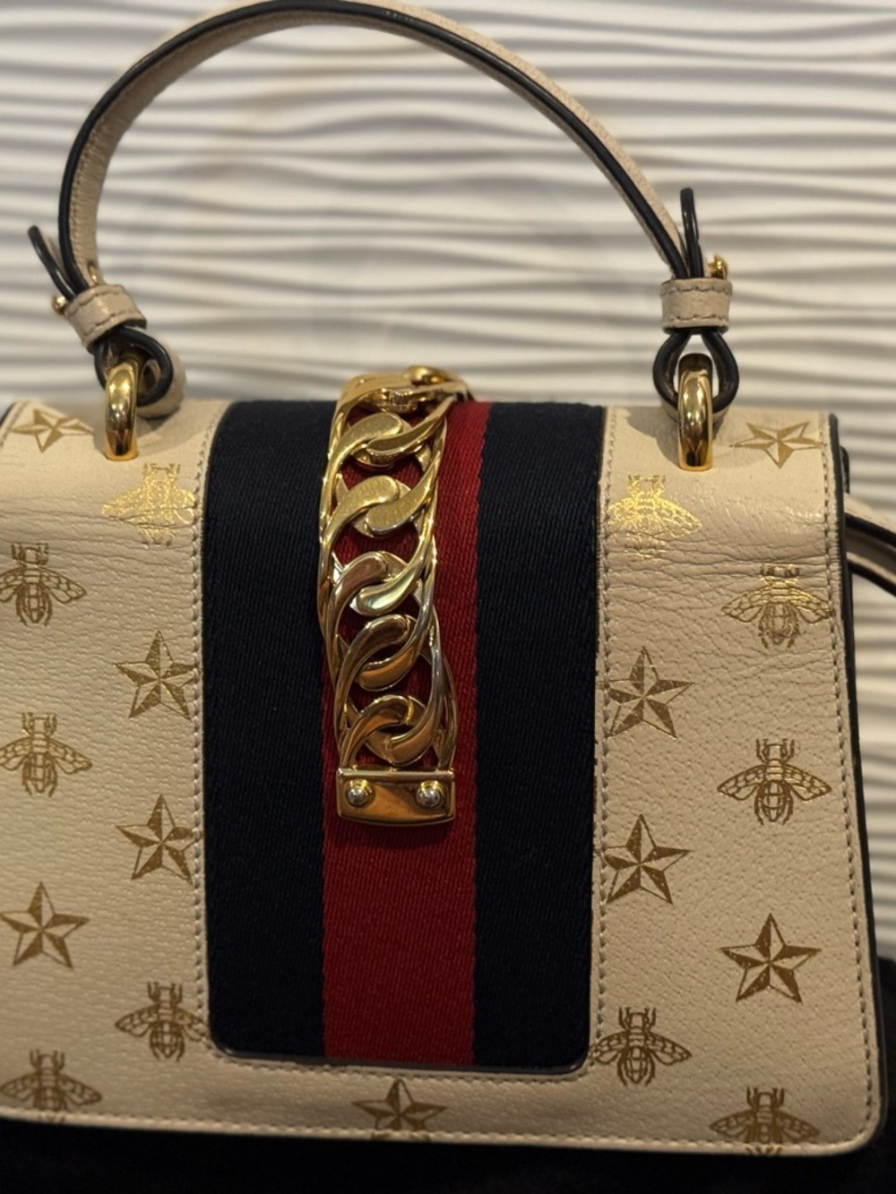 Gucci-SILVI- Cream Bee & Star Print Top Handle Satchel with Navy and Red Stripe - Picture 2 of 10